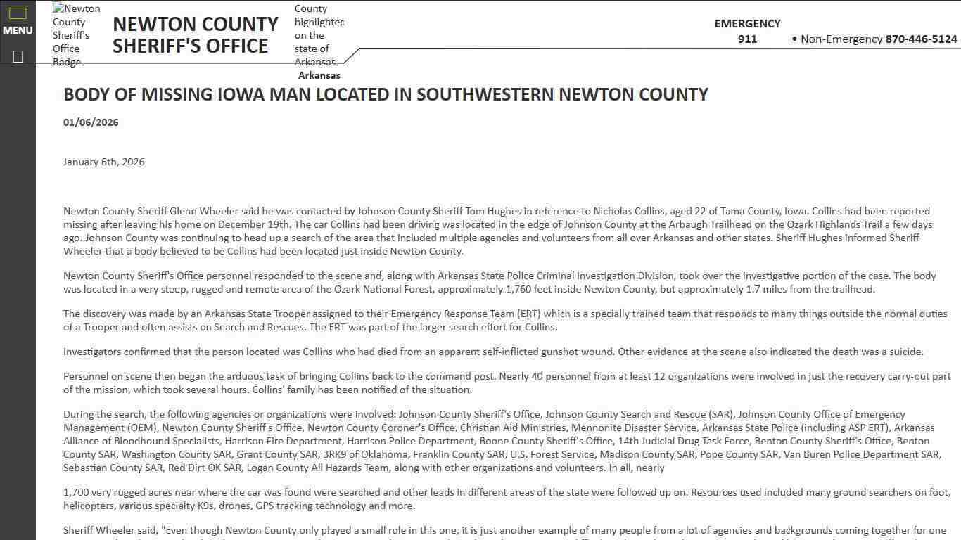 BODY OF MISSING IOWA MAN LOCATED IN SOUTHWESTERN NEWTON COUNTY (01/06/2026) - Press Releases - Newton County Sheriff AR