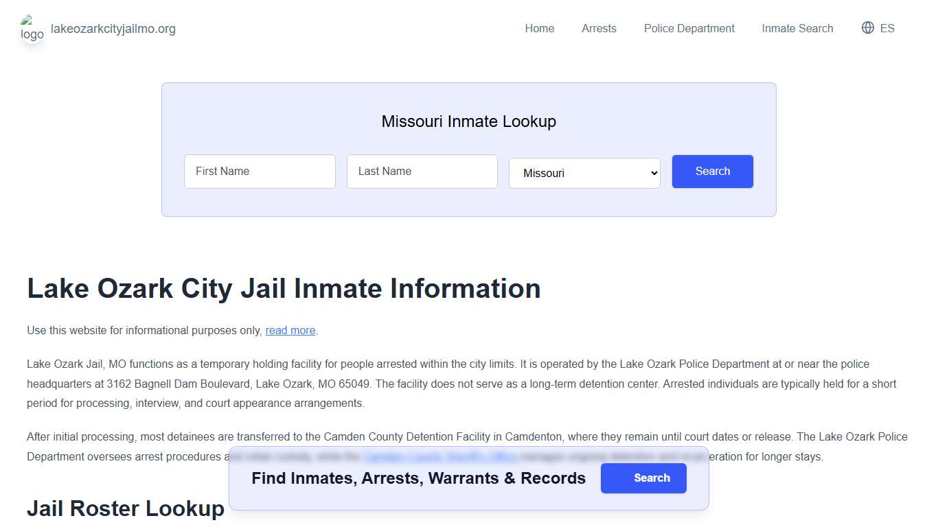 Lake Ozark Jail, MO Inmate Roster, Municipal Jail Info